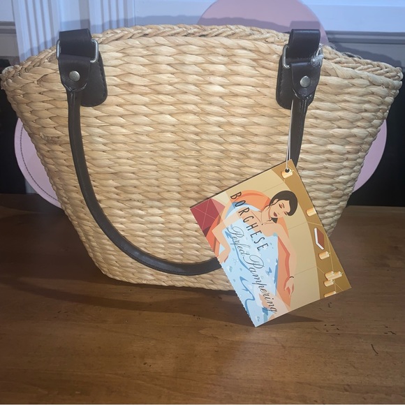 Borghese Straw Jute Shoulder Bag with Brown and White Polka Dot Lining NWT - Picture 2 of 8